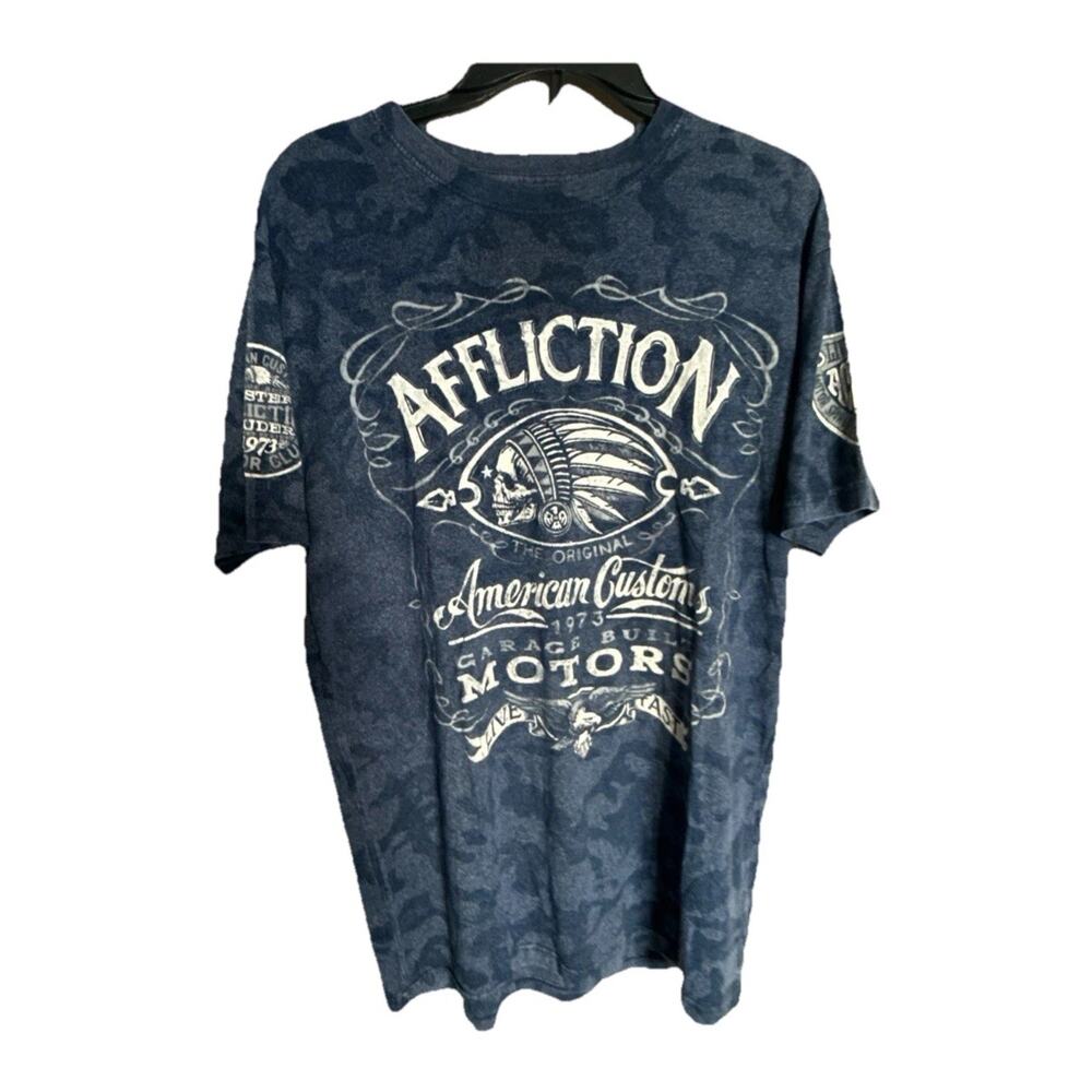 Affliction Shirt Mens Indian Head Skull Biker Logo Y2K-RARE, Blue, Large-EUC